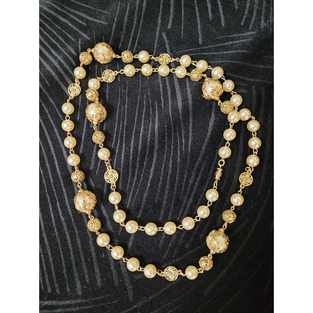 Vintage Gold Tone Faux Pearl Station Necklace Long Opera Length Filigree Beads